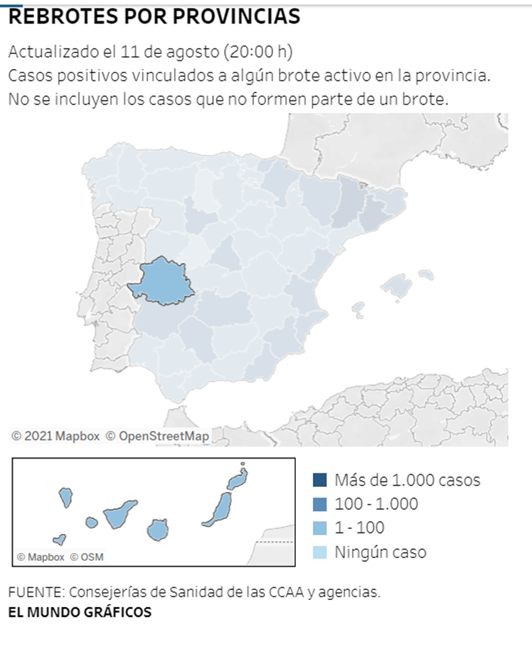 Mapa rebrotes coronavirus con la provincia seleccionada